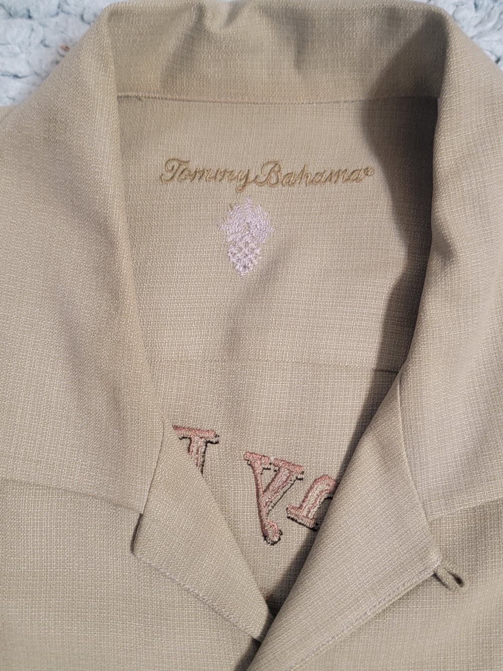 Tommy Bahama Mens 100% Silk S/S Embroidered Shirt Sz L Beige/ Brown